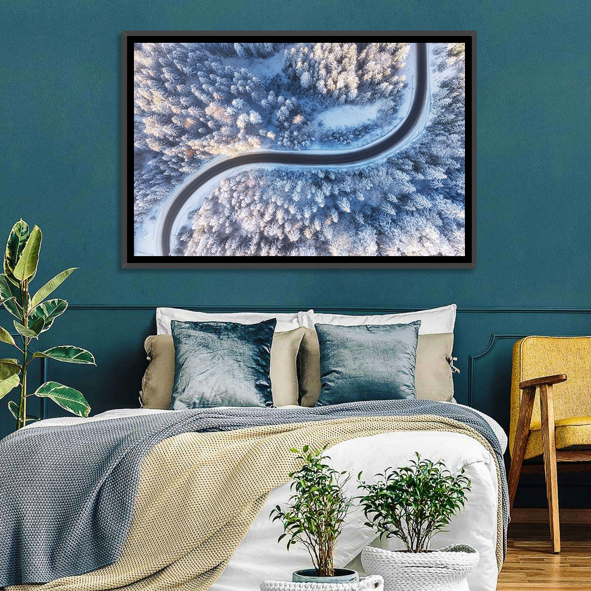 Winding Snow-covered Forest Road Wall Art in a room, landscape