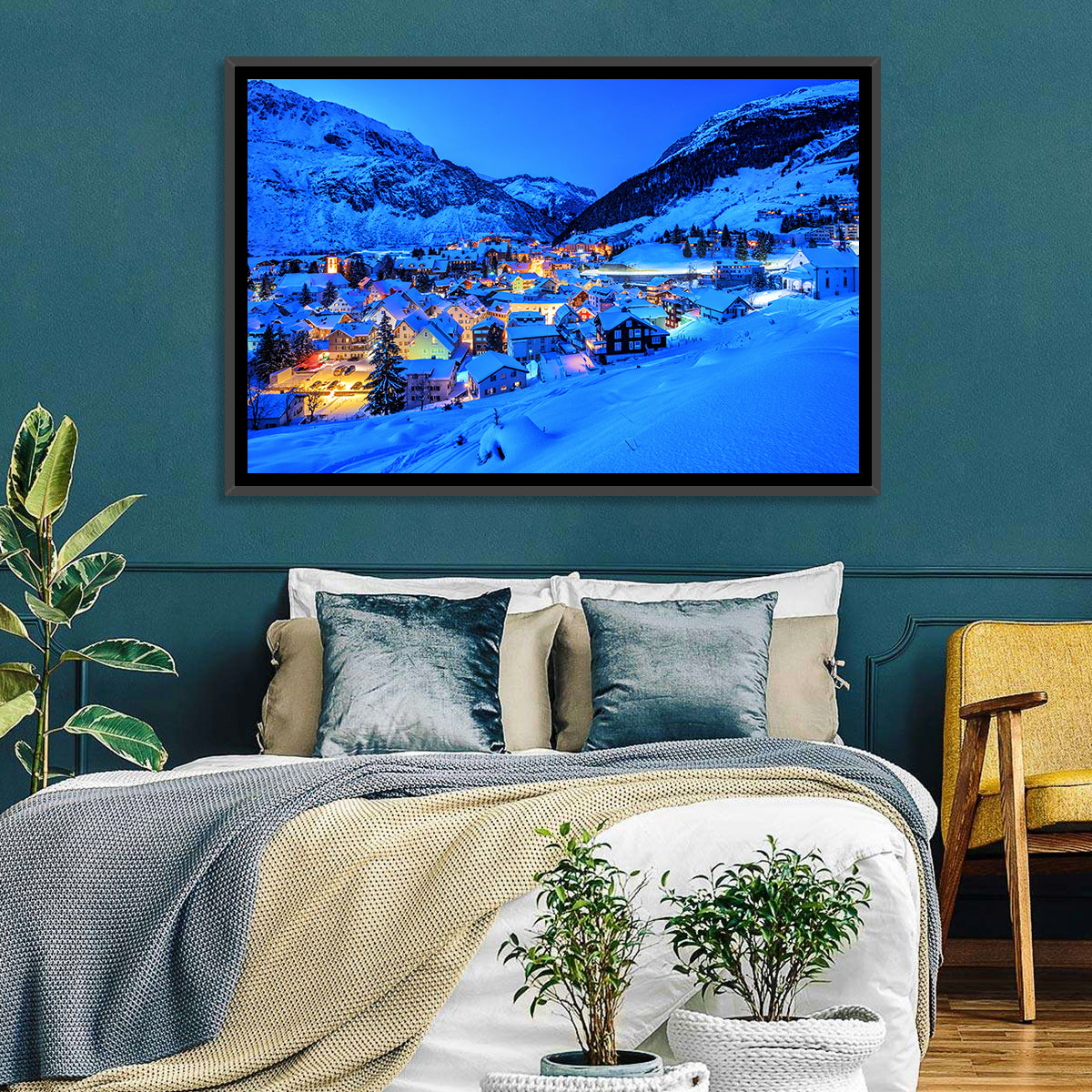 Andermatt Winter Village Wall Art in a room, landscape