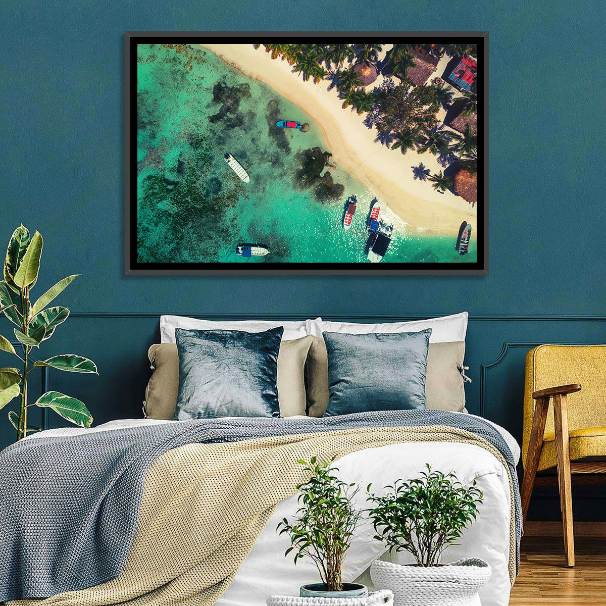 Aerial Tropical Shoreline with Six Boats Wall Art