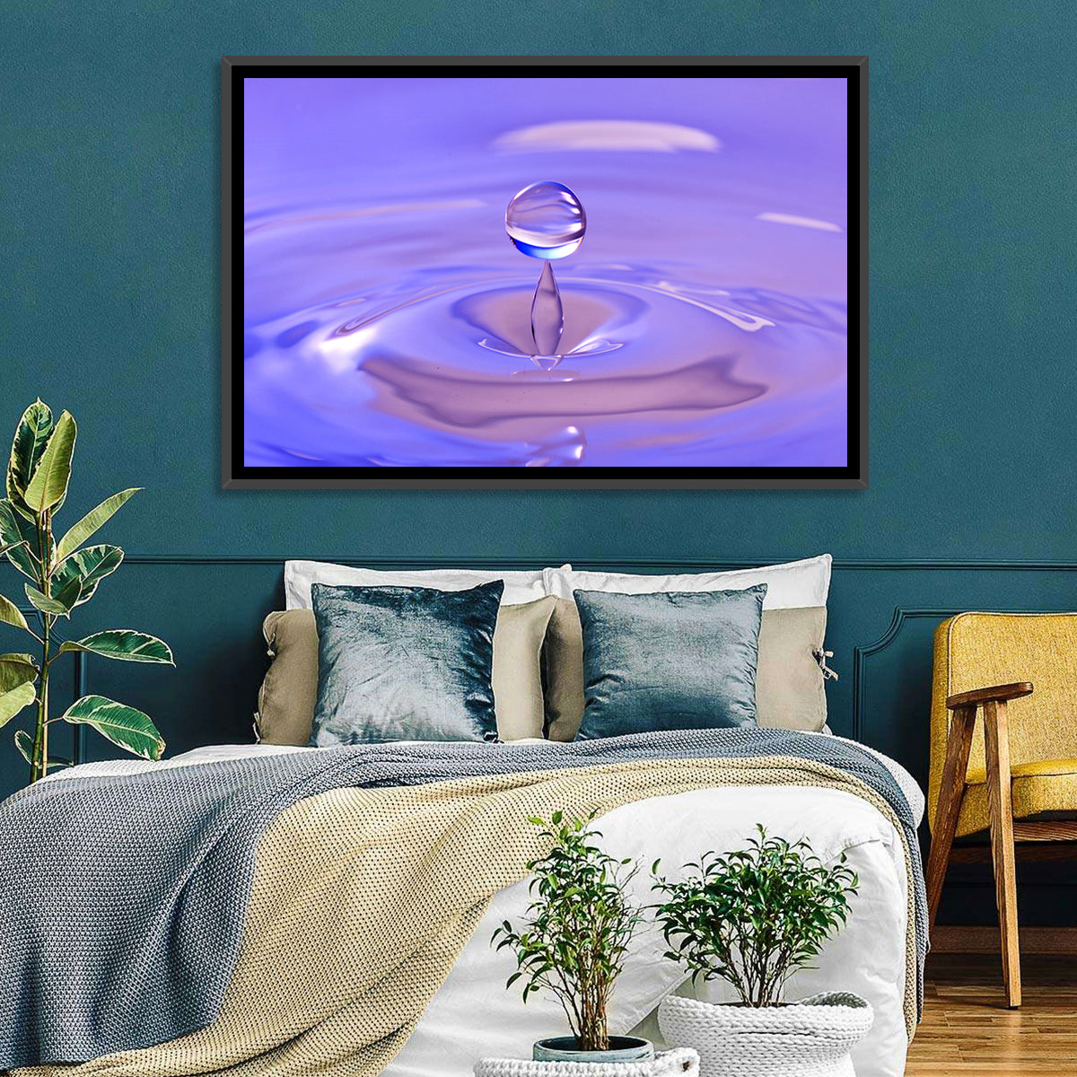 Purple Water Droplet Splash Wall Art in a room, landscape