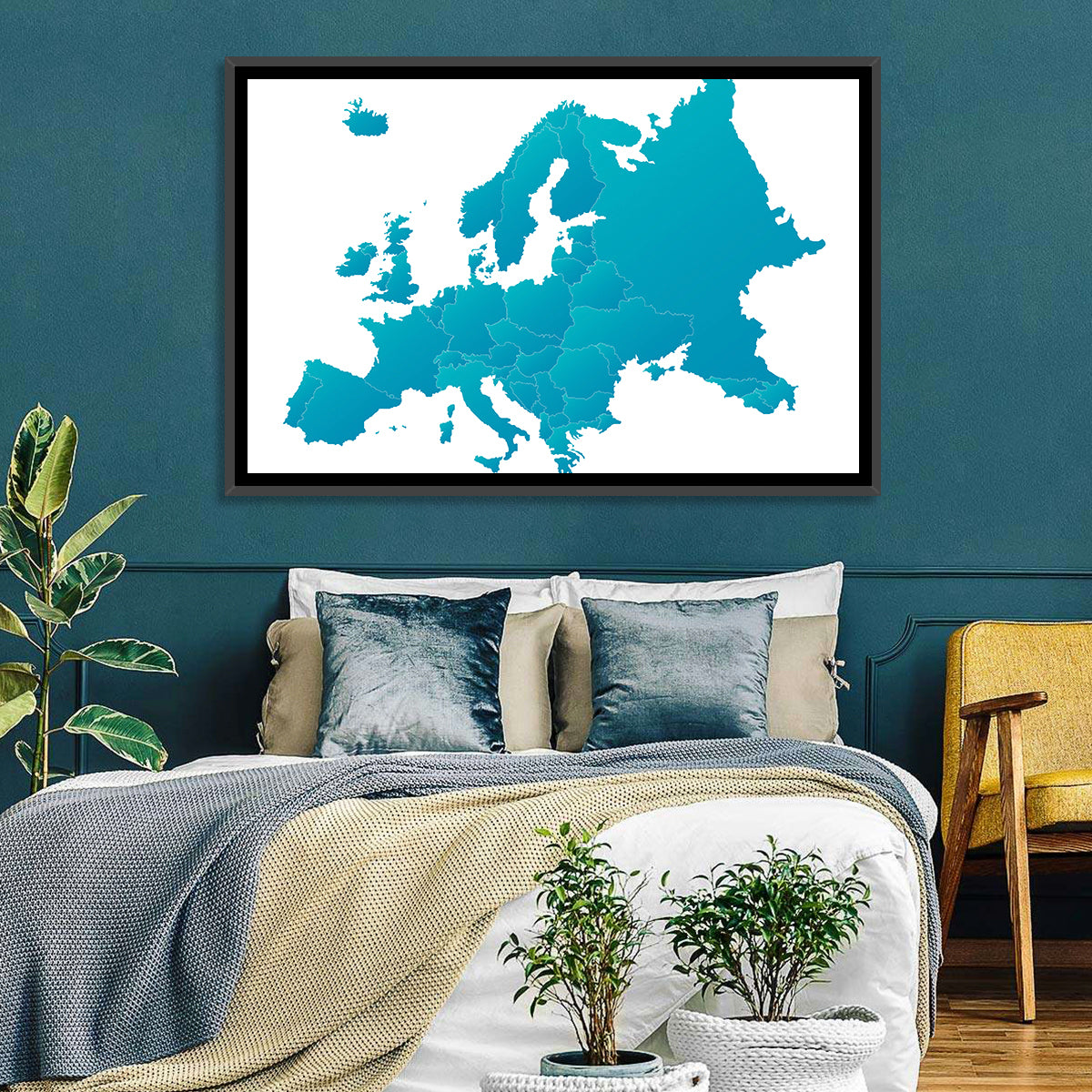 Teal Gradient Europe Map Wall Art in a room, landscape