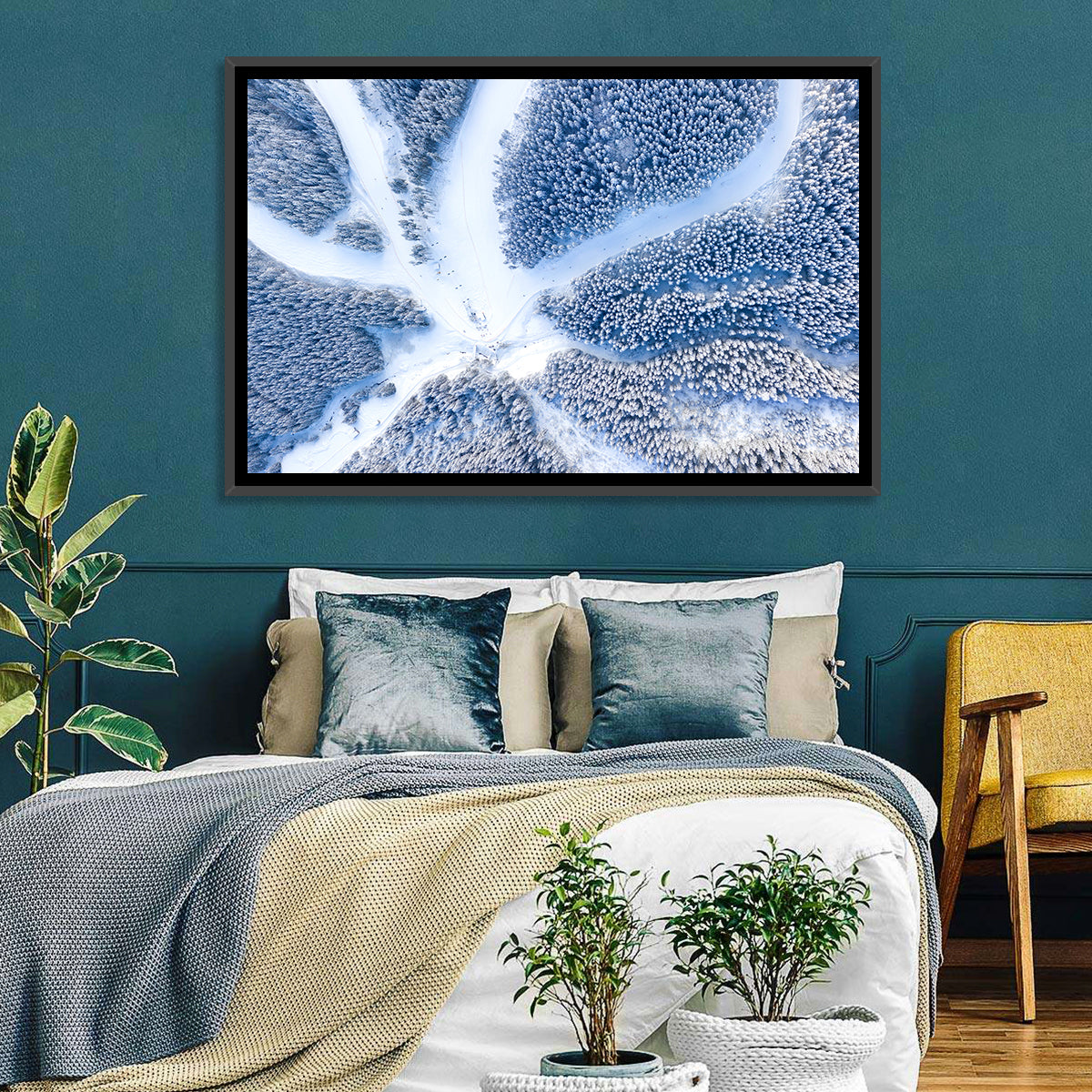 Birds-eye Ski Resort Landscape Wall Art in a room, landscape