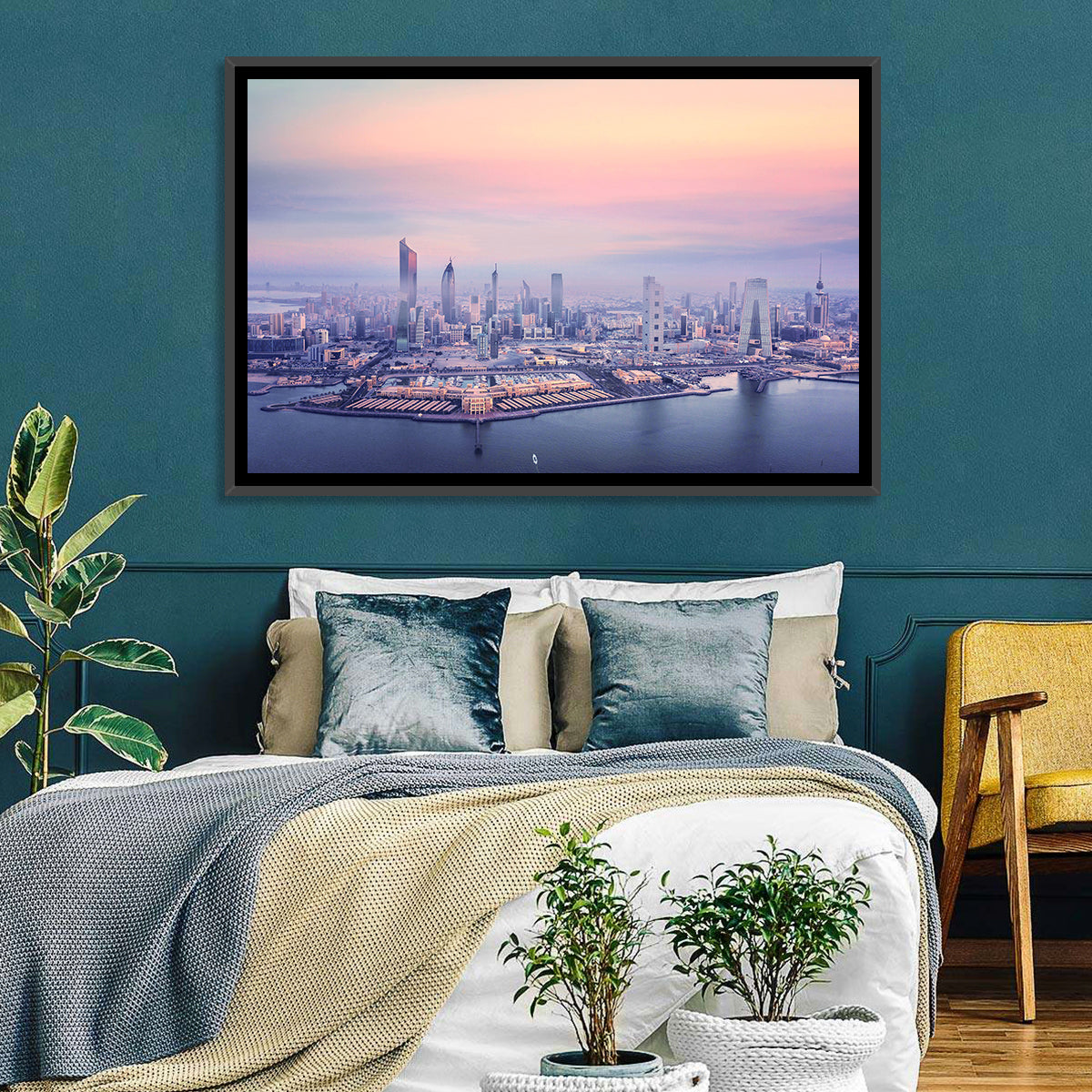 Kuwait City Twilight Skyline Wall Art in a room, landscape