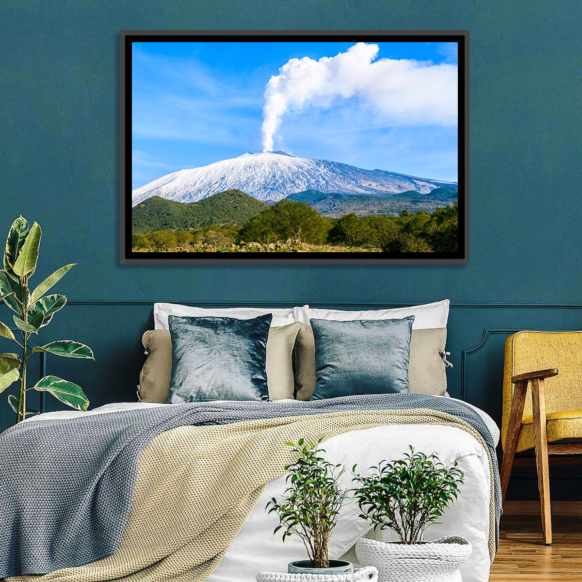 Snow-capped Mount Etna with Volcanic Plume Wall Art in a room, landscape