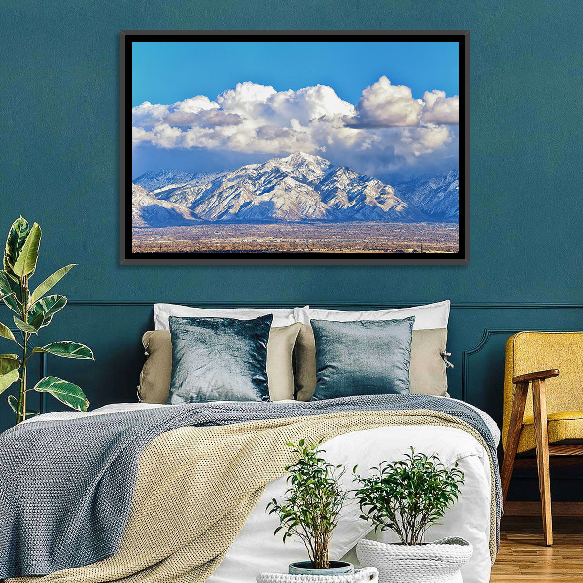 Wasatch Snow Capped Peaks Wall Art in a room, landscape