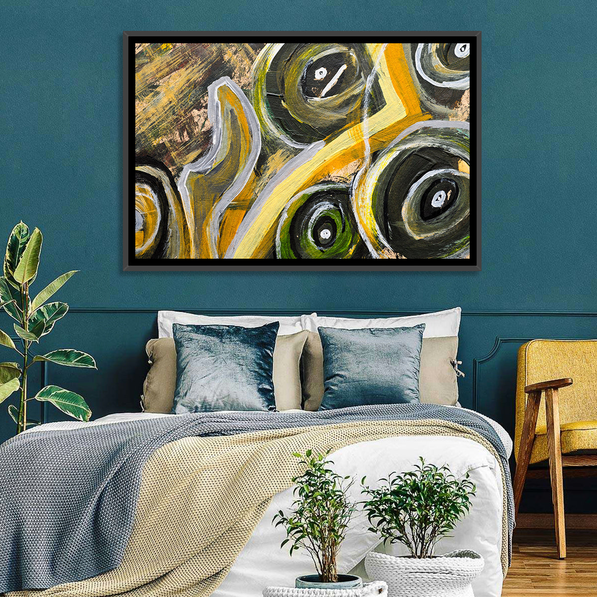 Impasto Swirl Circles in Yellow and Black Wall Art