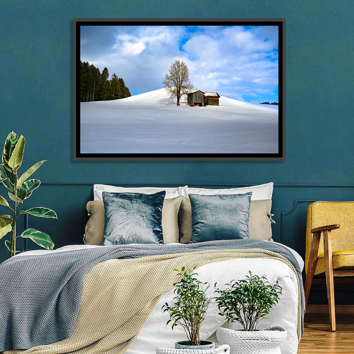 Rustic Barn on a Snowy Hill Wall Art in a room, landscape