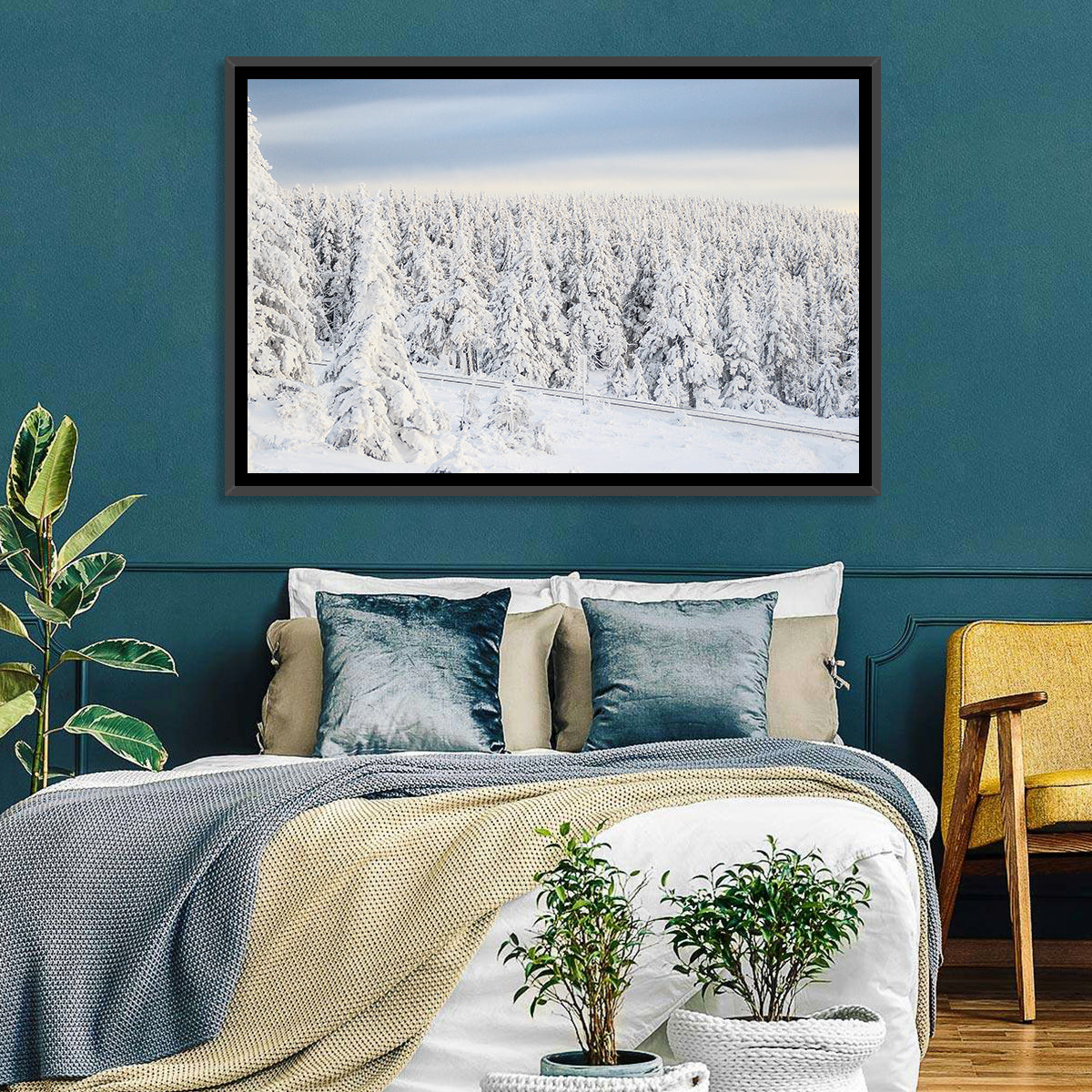 Snowy Forest Railway Tracks Wall Art in a room, landscape