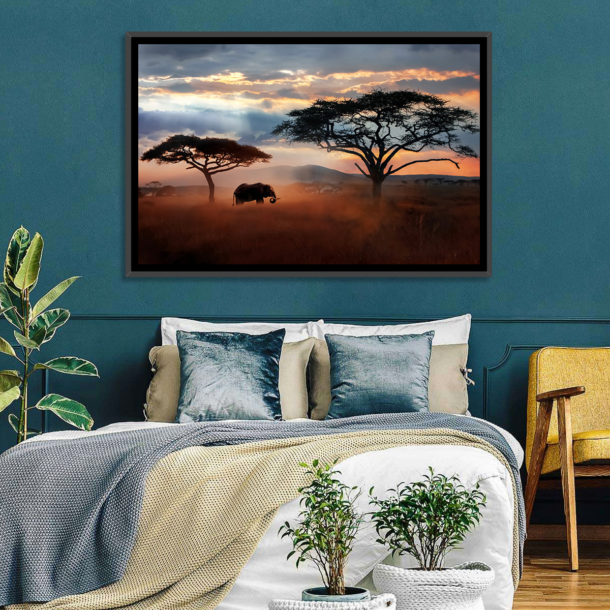 Savanna Elephant at Sunset Wall Art in a room, landscape