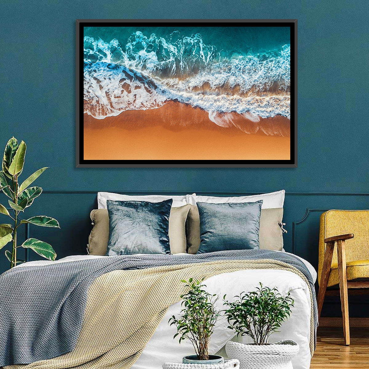 Aerial Beach Waves Wall Art in a room, landscape