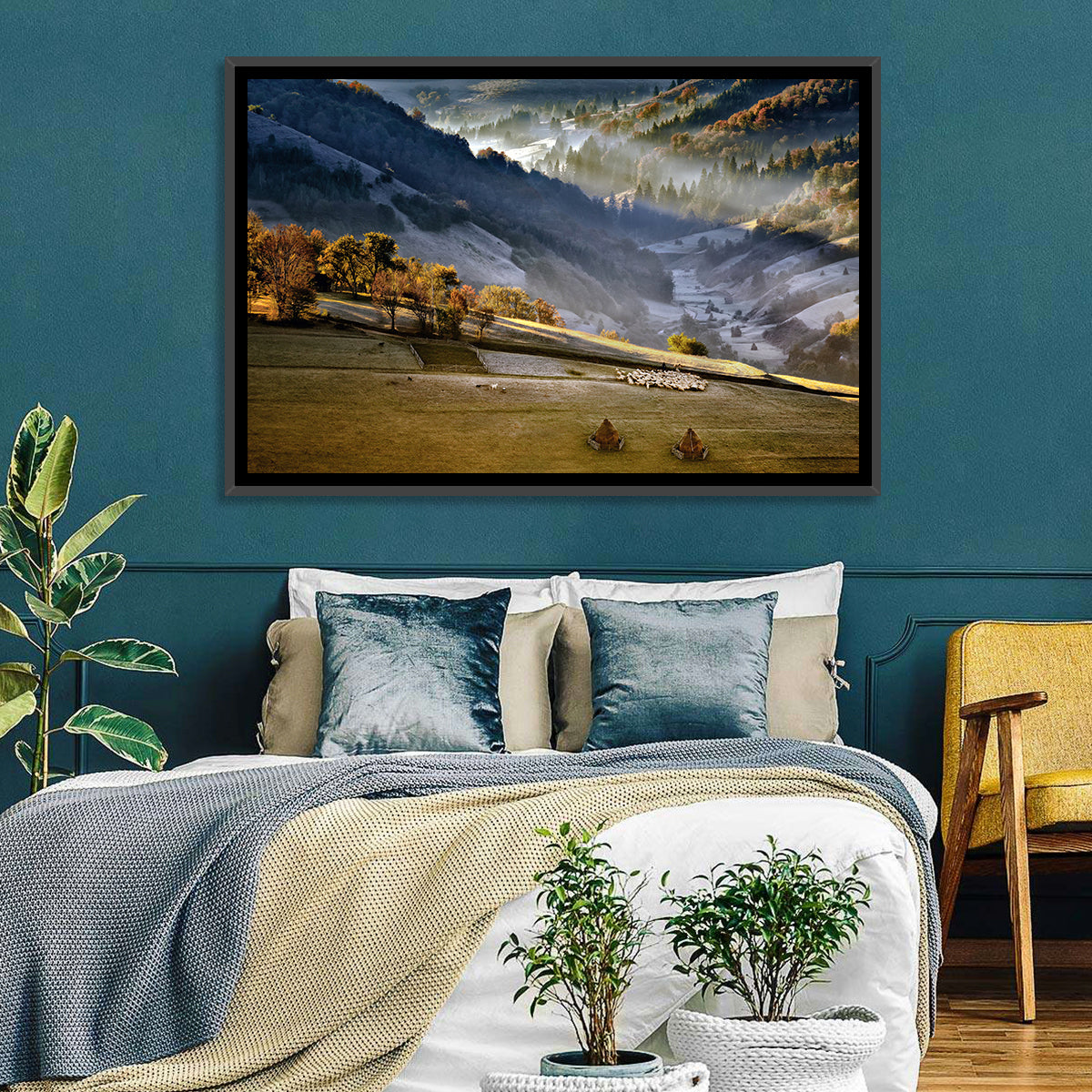 Mountain Village in Morning Mist Wall Art in a room, landscape