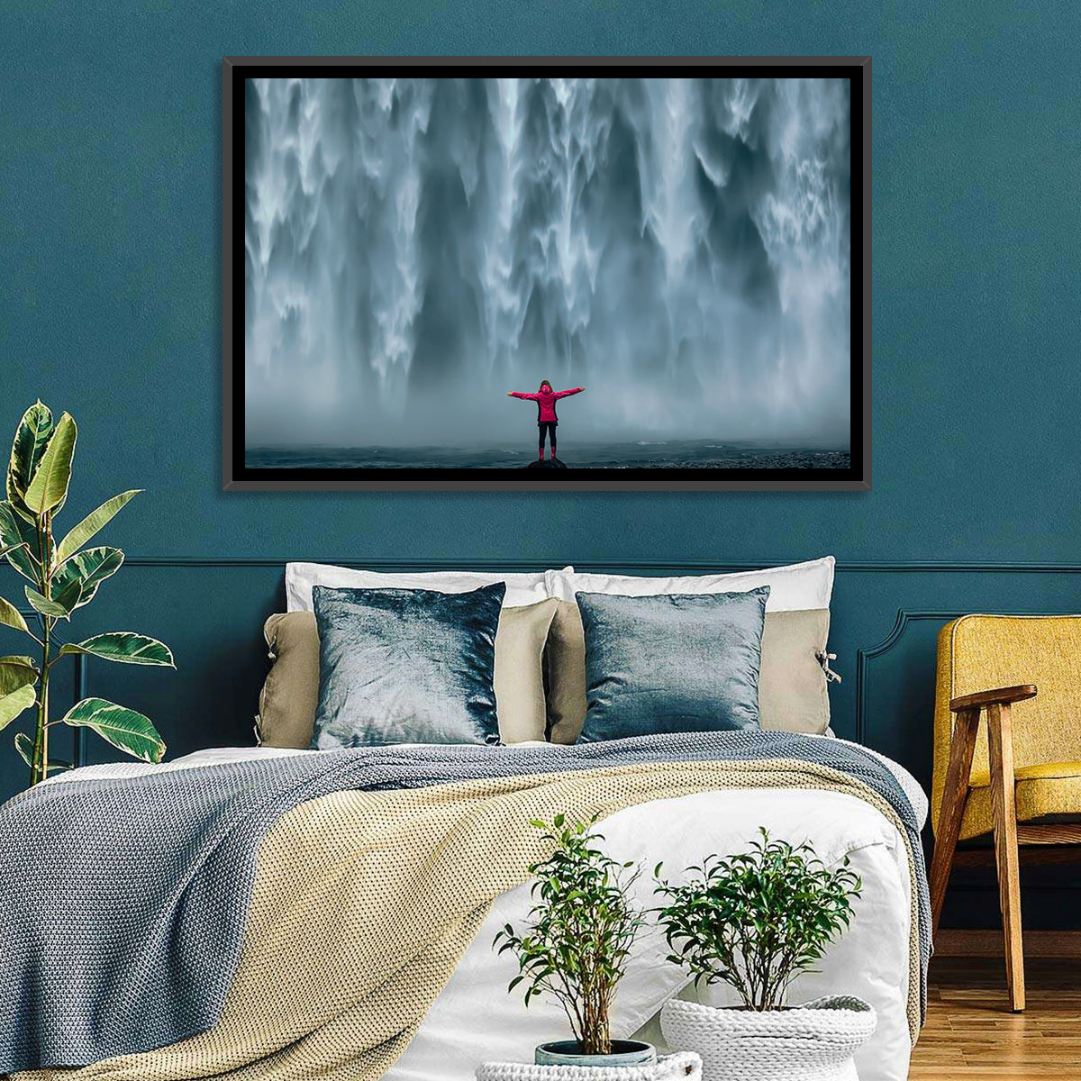 Skogafoss Waterfall with Figure in Pink Wall Art
