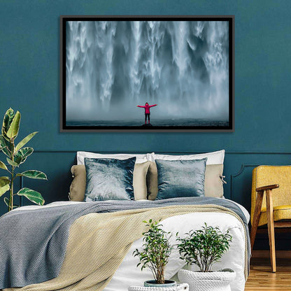 Skogafoss Waterfall with Figure in Pink Wall Art