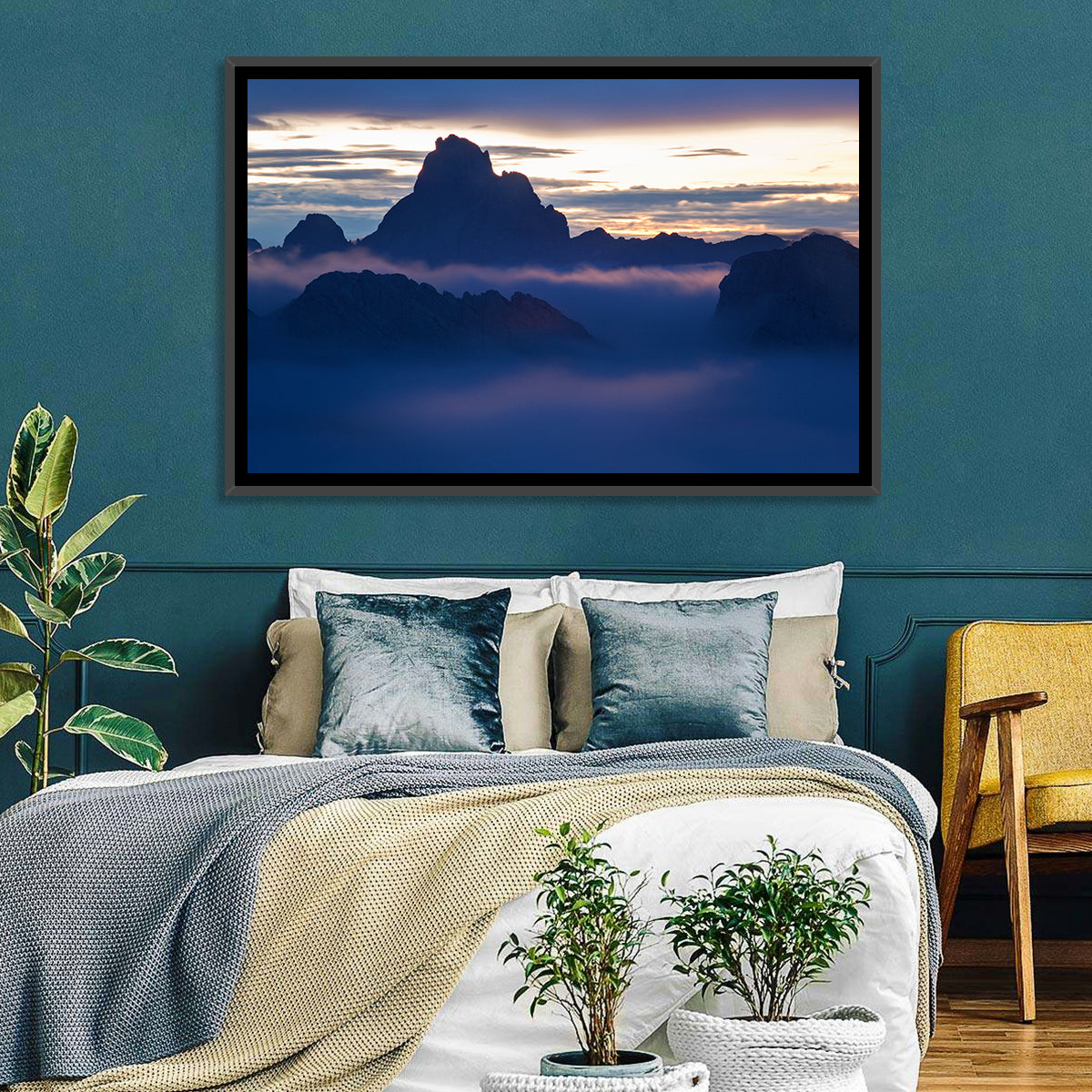 Dolomites Sunrise Silhouette Wall Art in a room, landscape