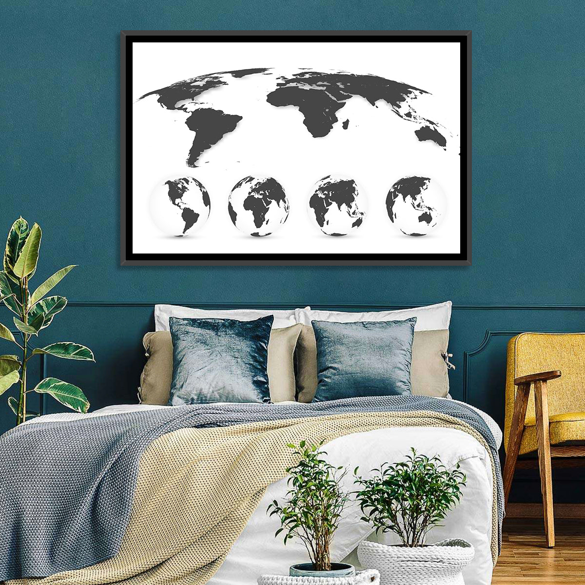Stylized World Map and Globe Icons Wall Art