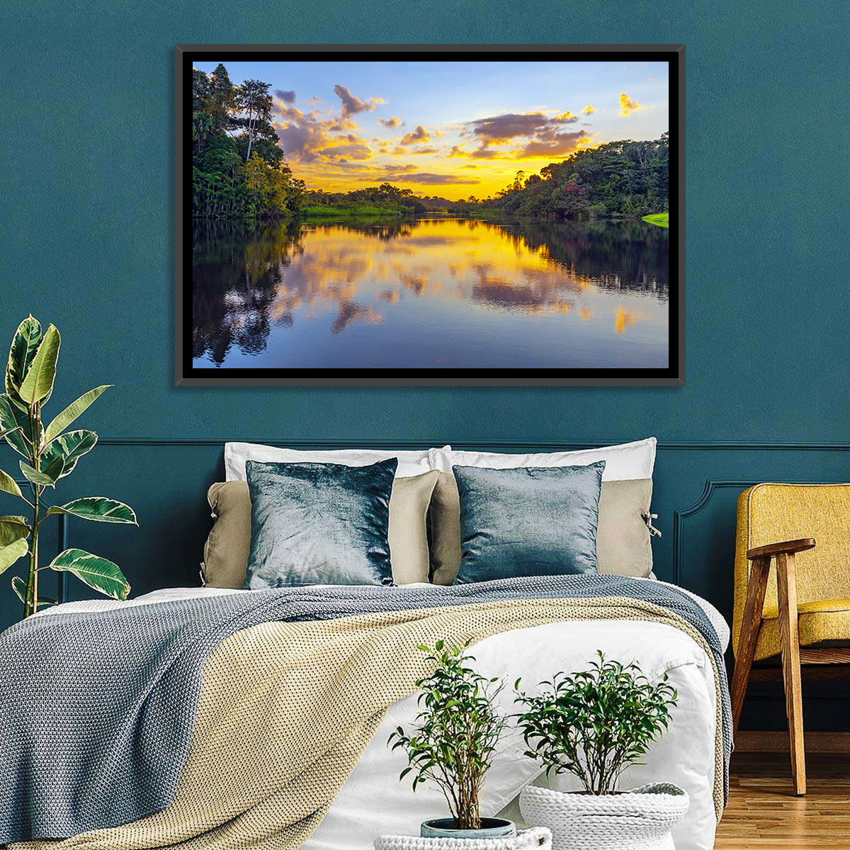 Amazon River Sunset Reflection Wall Art in a room, landscape
