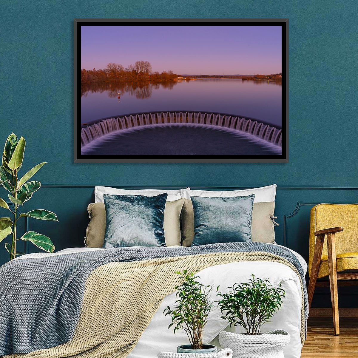 Circular Weir at Dusk Wall Art in a room, landscape