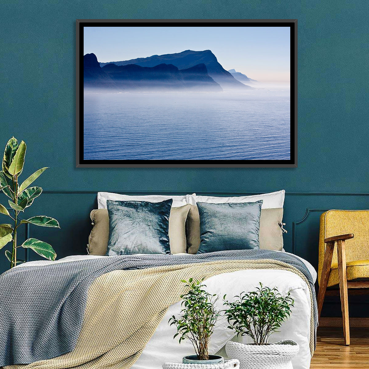 Misty Coastal Cliffs and Mountain Layers Wall Art in a room, landscape