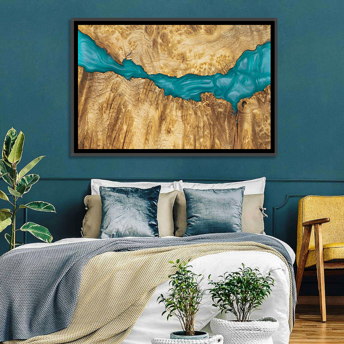 Burled Wood River with Teal Resin Wall Art in a room, landscape