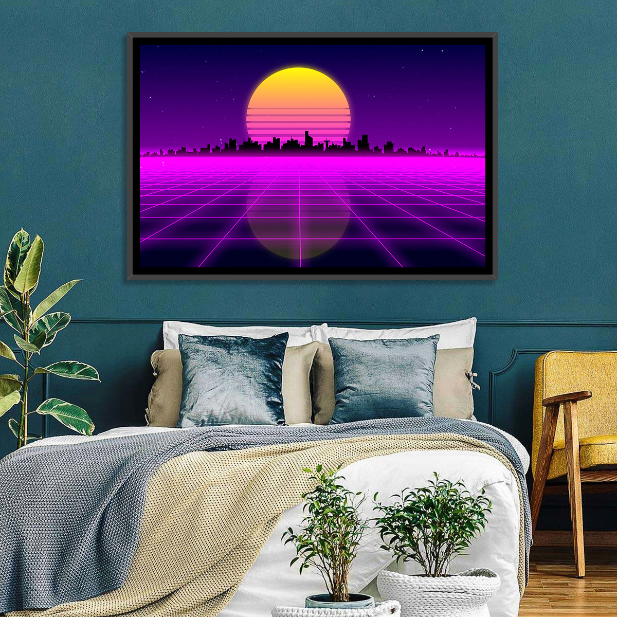 Neon Sunrise Skyline Wall Art in a room, landscape