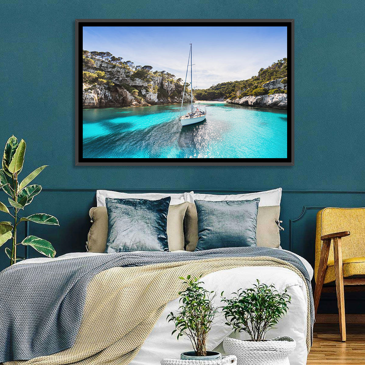 Menorca Cove Sailboat Wall Art in a room, landscape