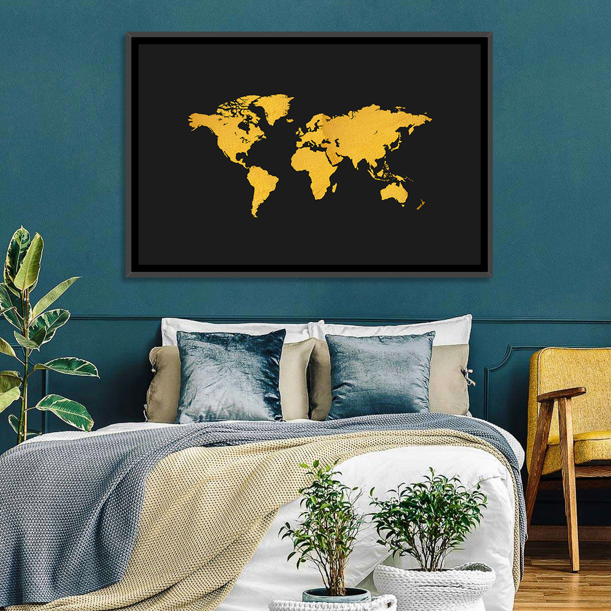Gold Texture World Map Wall Art in a room, landscape