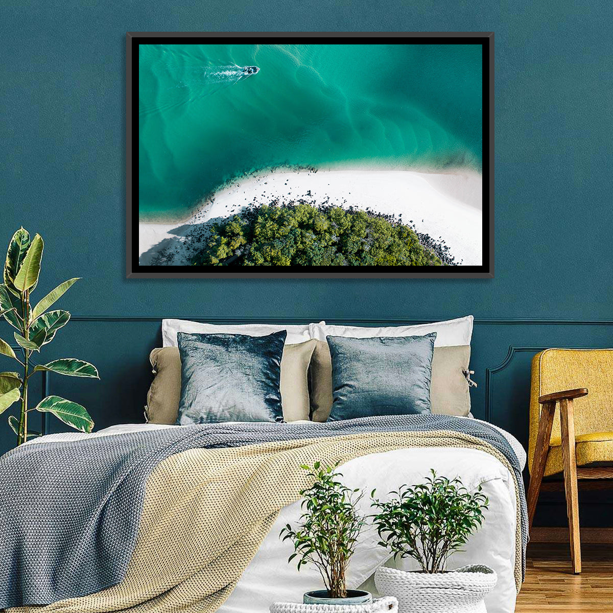Clam Beach Aerial View Wall Art in a room, landscape