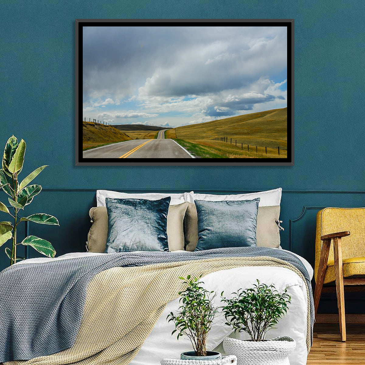 Montana Road Through Golden Hills Wall Art in a room, landscape