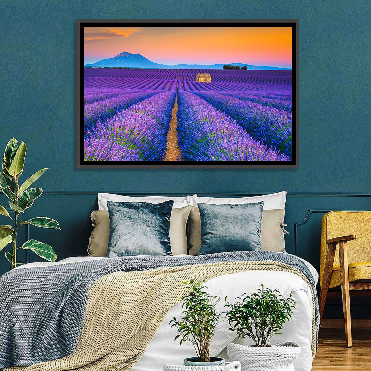 Valensole Lavender Fields at Sunset Wall Art in a room, landscape