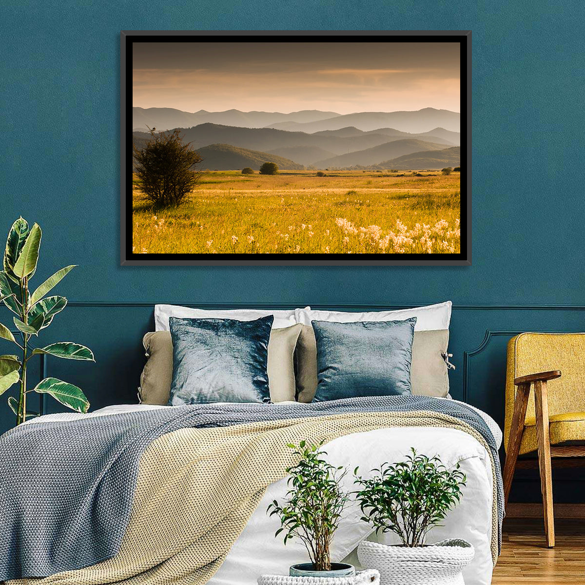 Golden Hour Countryside Hills Wall Art in a room, landscape