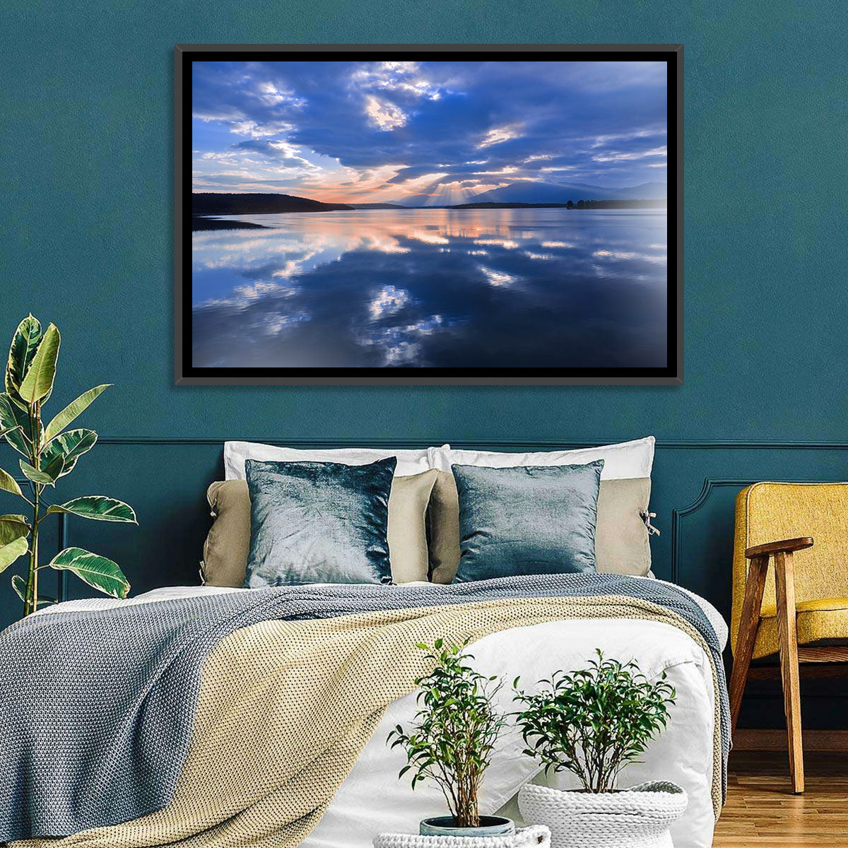 Cloudy Summer Lake Wall Art in a room, landscape
