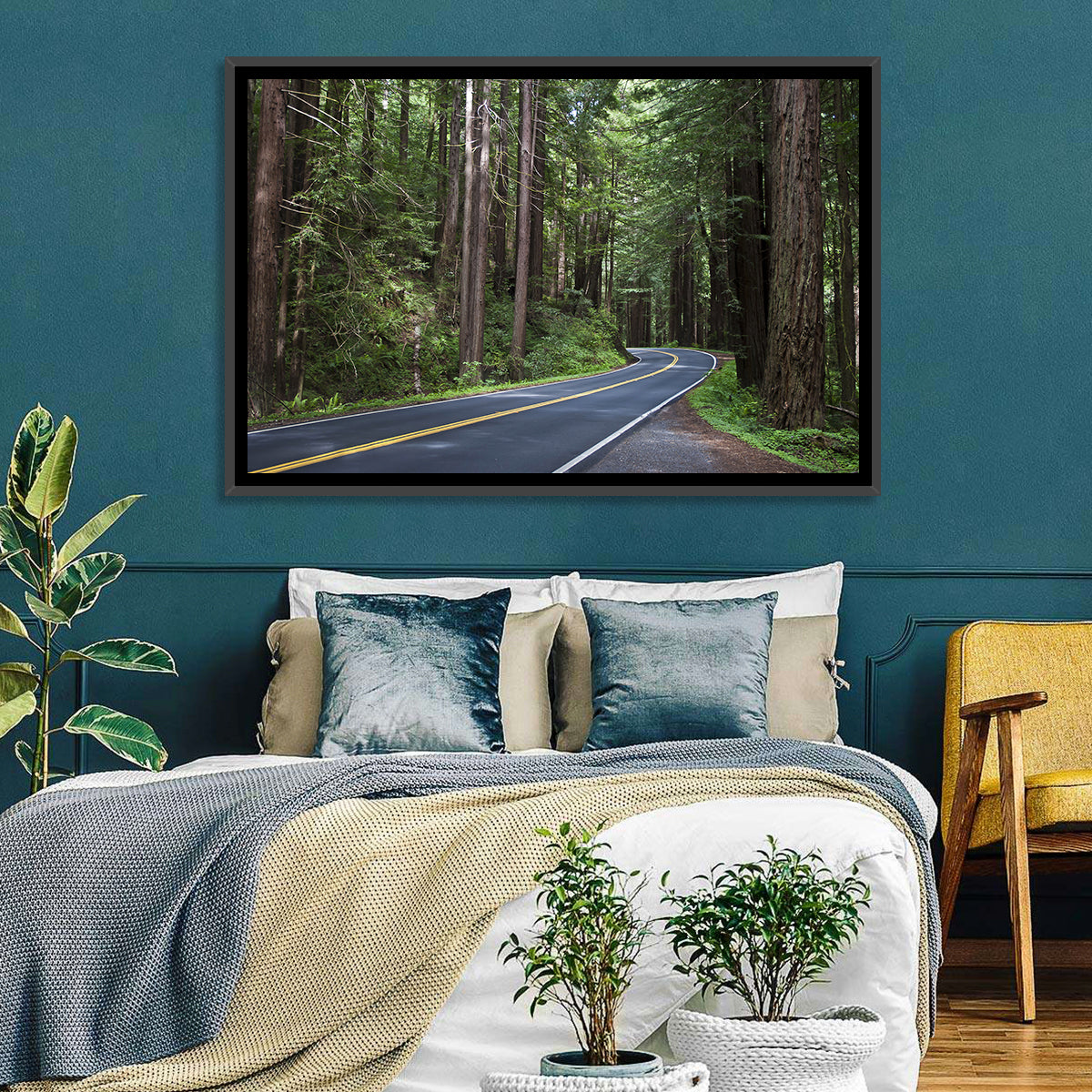 Winding Redwood Forest Road Wall Art in a room, landscape