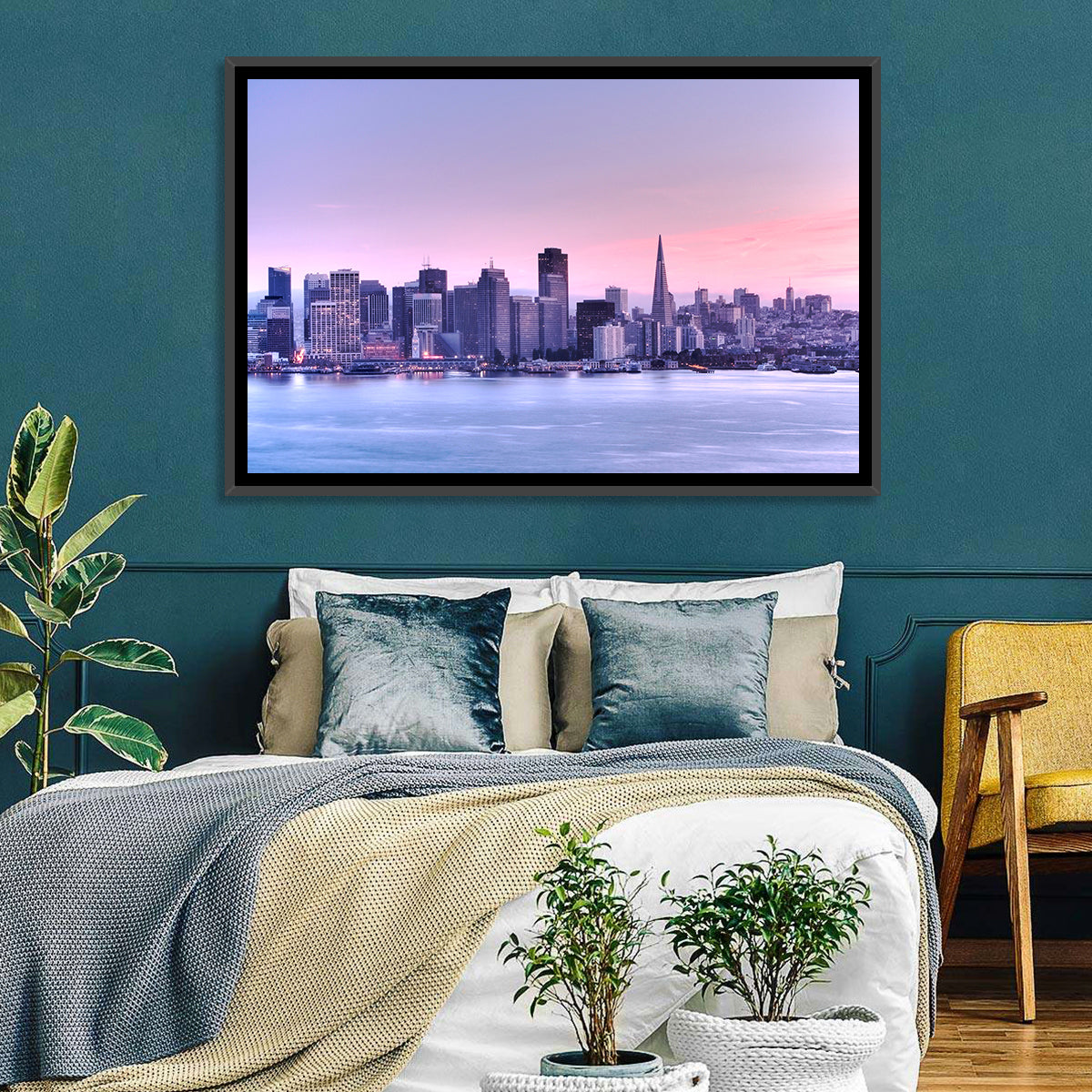 San Francisco Skyline at Lavender Dusk Wall Art in a room, landscape