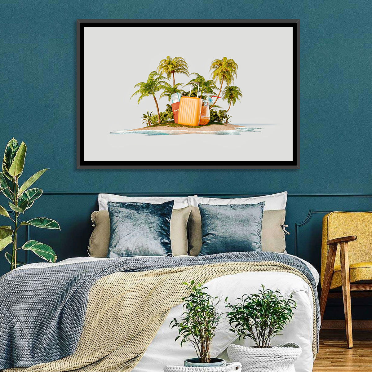 Tropical Island Vacation Illustration Wall Art in a room, landscape