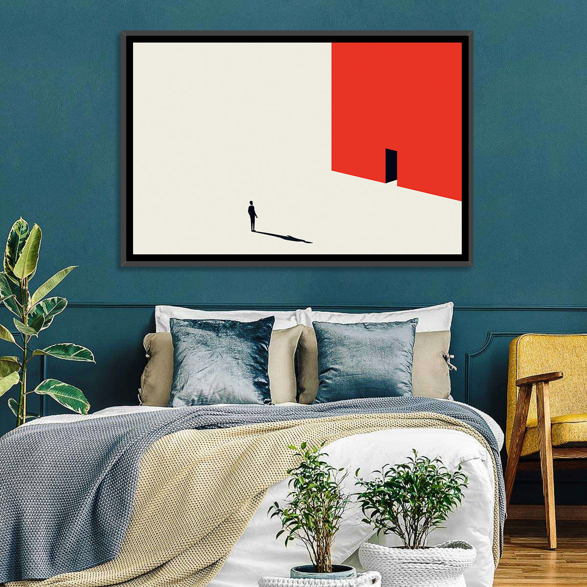 Solitary Figure with Red Door Wall Art in a room, landscape