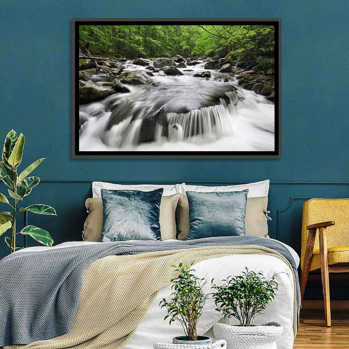 Smoky Mountains Cascading Stream Wall Art in a room, landscape