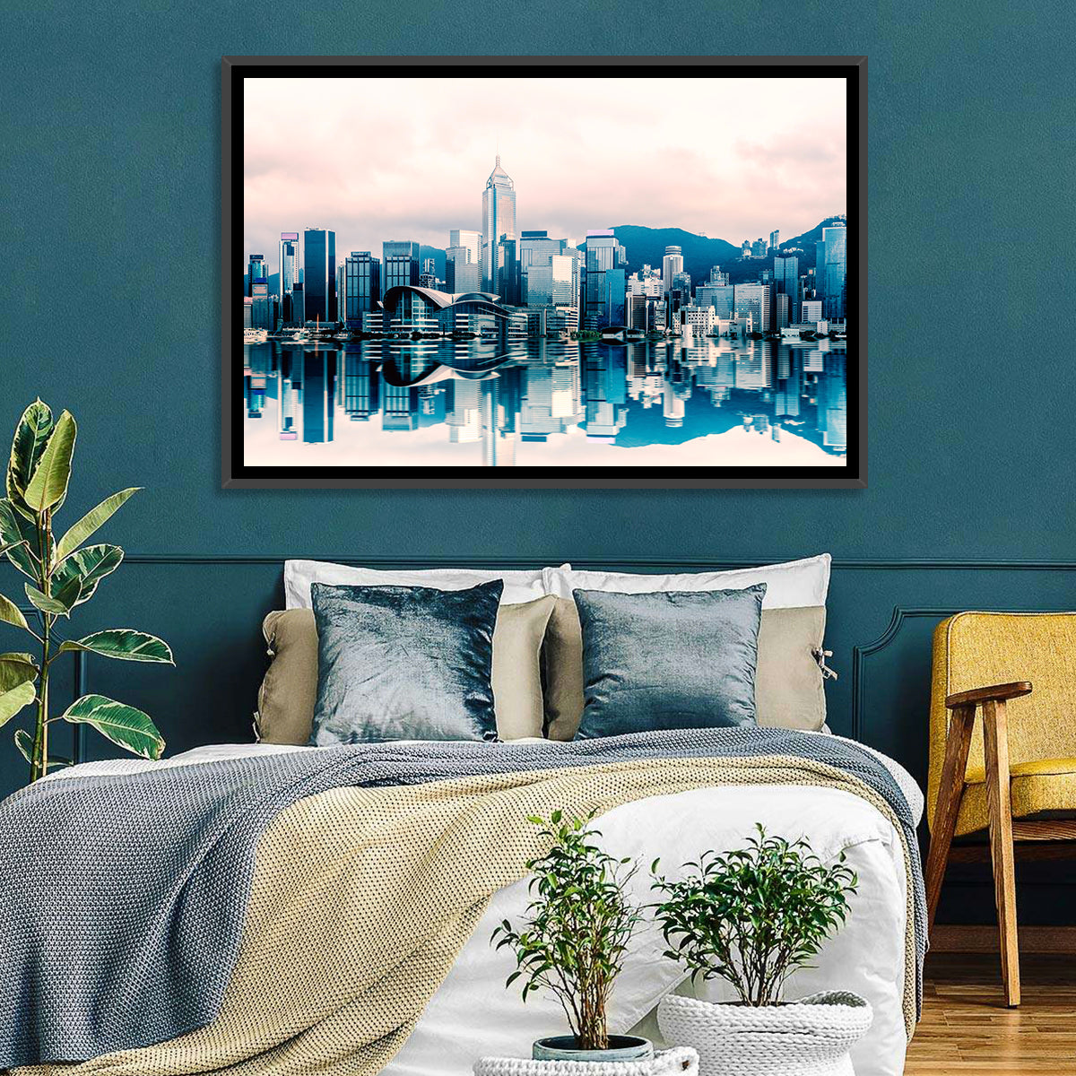 Victoria Harbour Sketch at Dusk Wall Art in a room, landscape