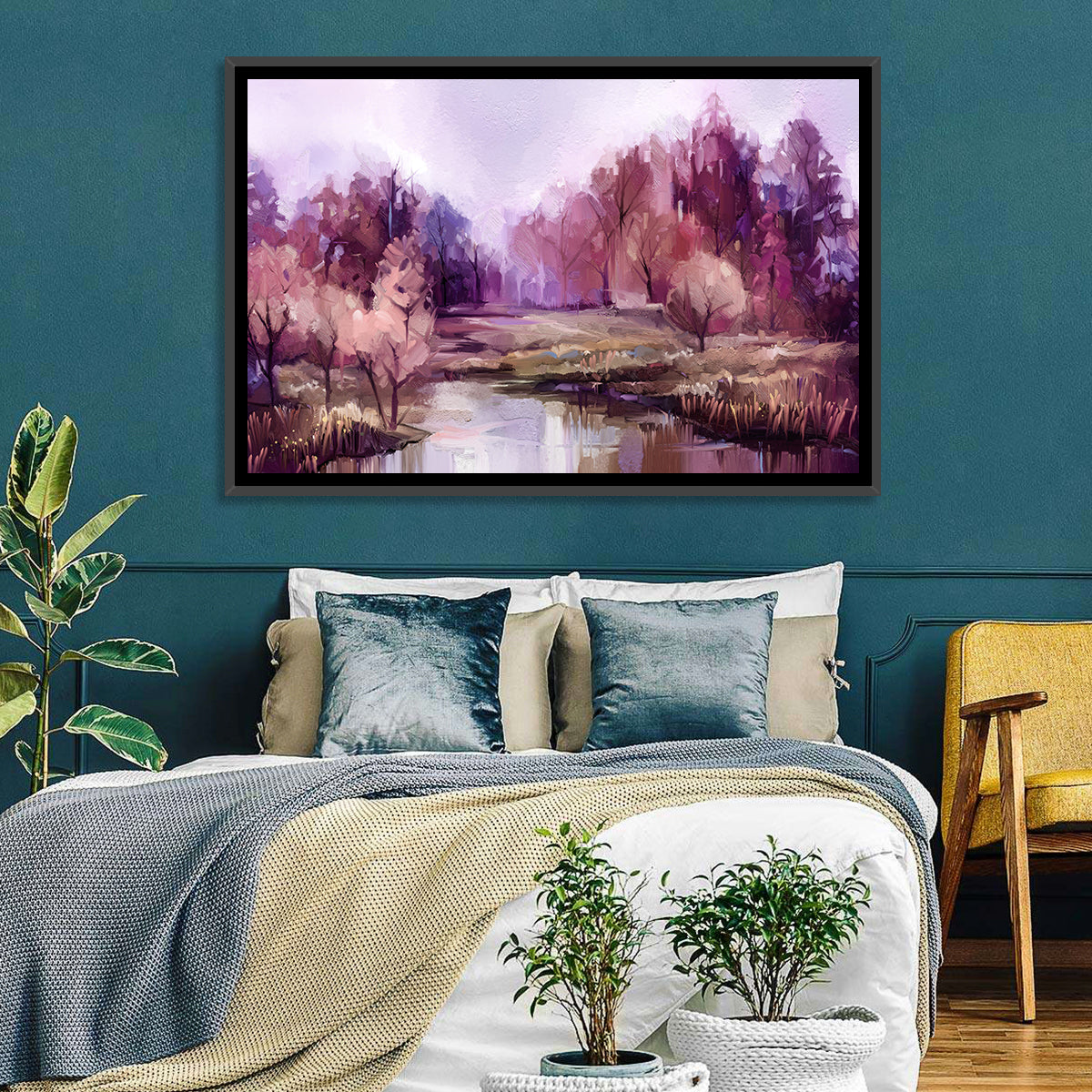 Lavender Autumn Forest Watercolor Wall Art in a room, landscape