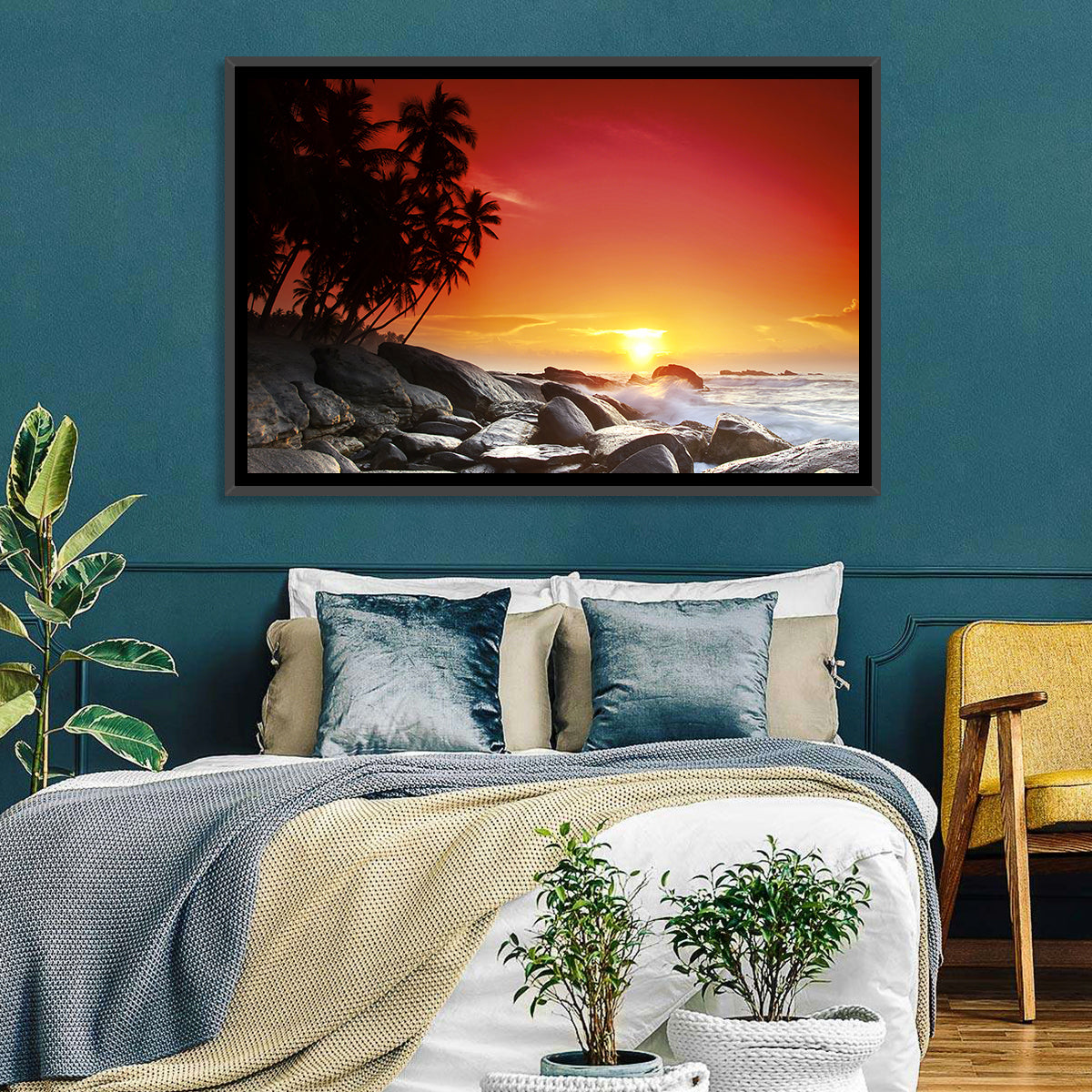 Tropical Island Sunset Wall Art in a room, landscape