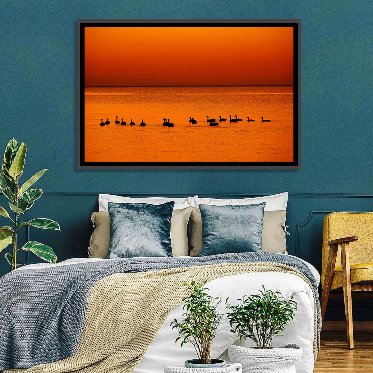 Geese Silhouettes at Orange Sunset Wall Art