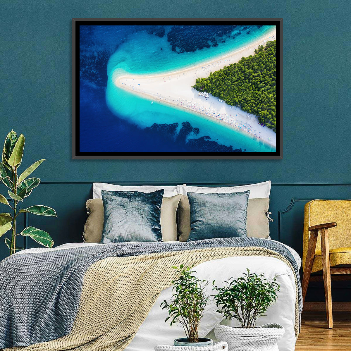 Zlatni Rat Beach Aerial Coast Wall Art in a room, landscape