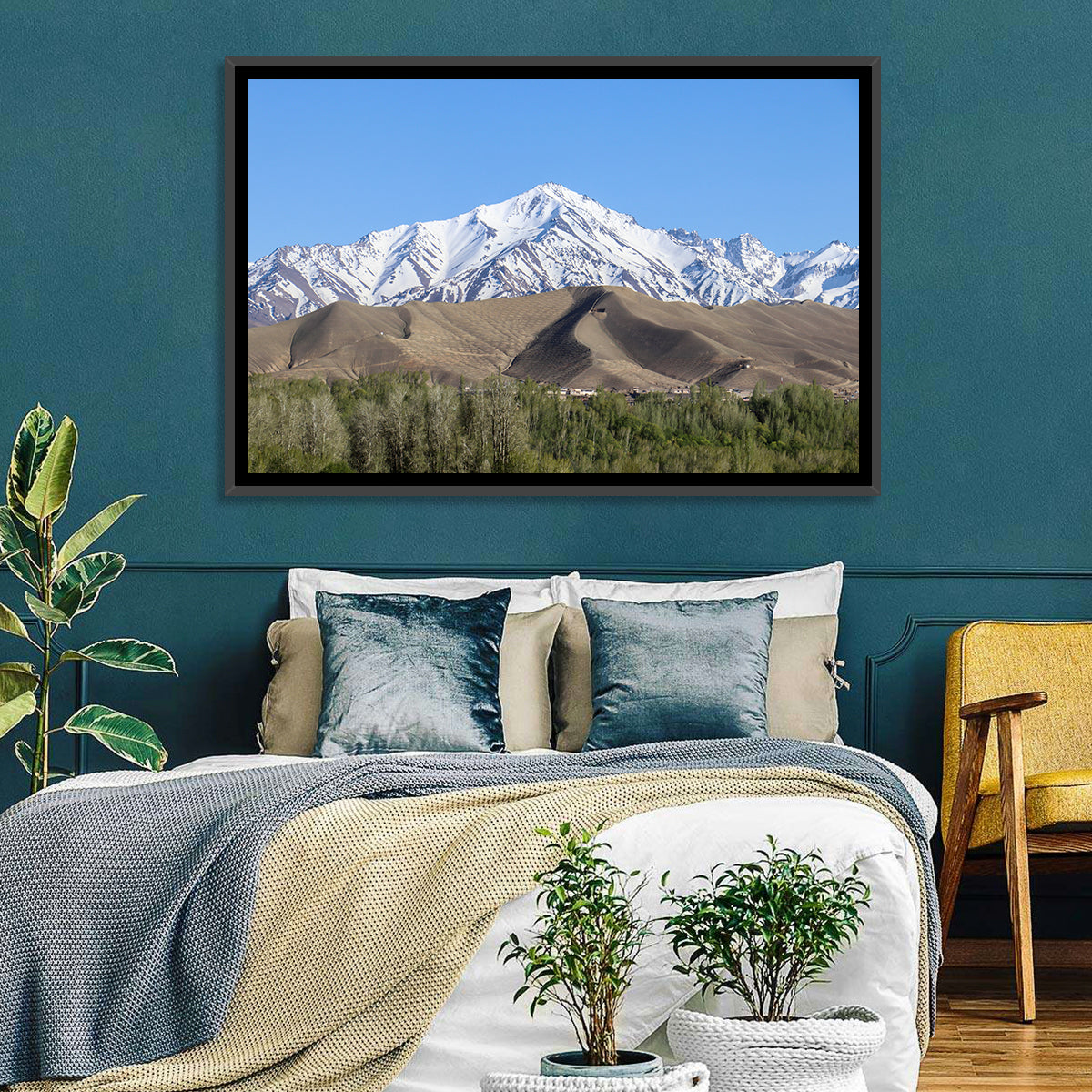Afghan Snow-capped Peaks Above Forested Foothills Wall Art in a room, landscape