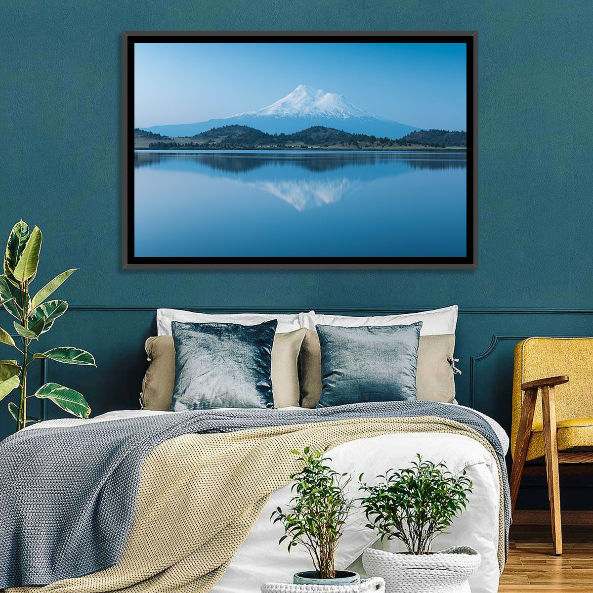 Snowy Mount Shasta Wall Art in a room, landscape