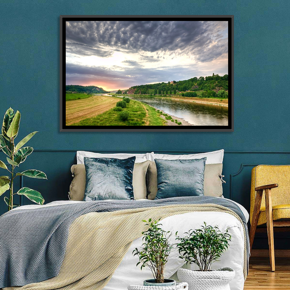 Elbe River at Golden Hour Wall Art in a room, landscape