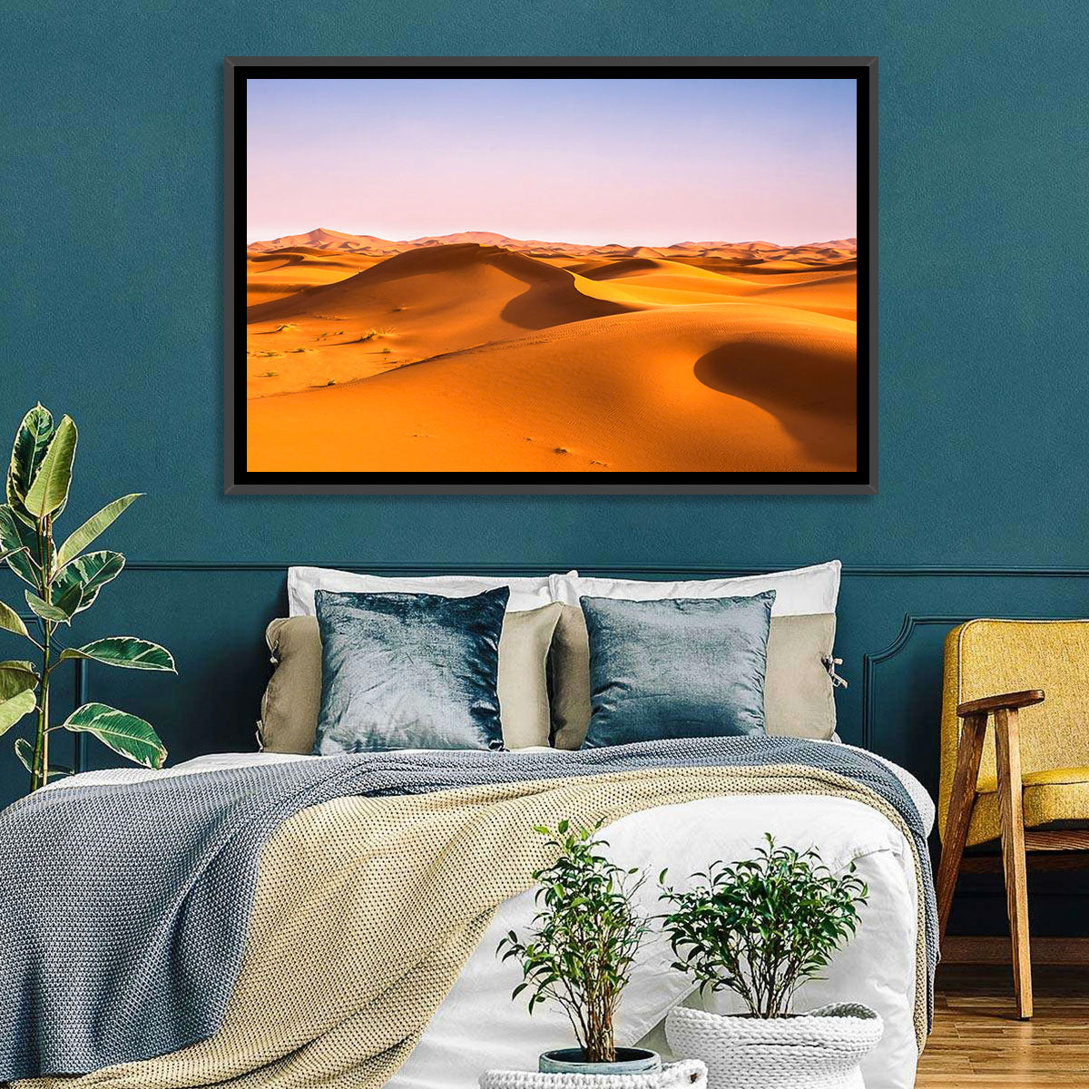 Golden Sahara Dunes Wall Art in a room, landscape