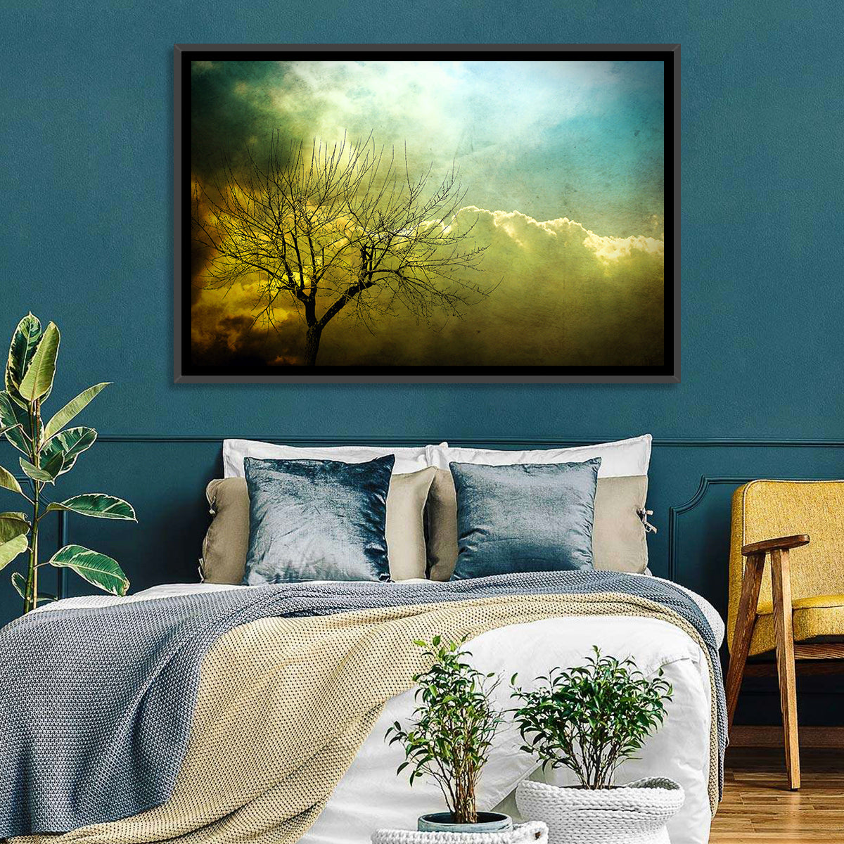 Moody Winter Tree Landscape Wall Art in a room, landscape
