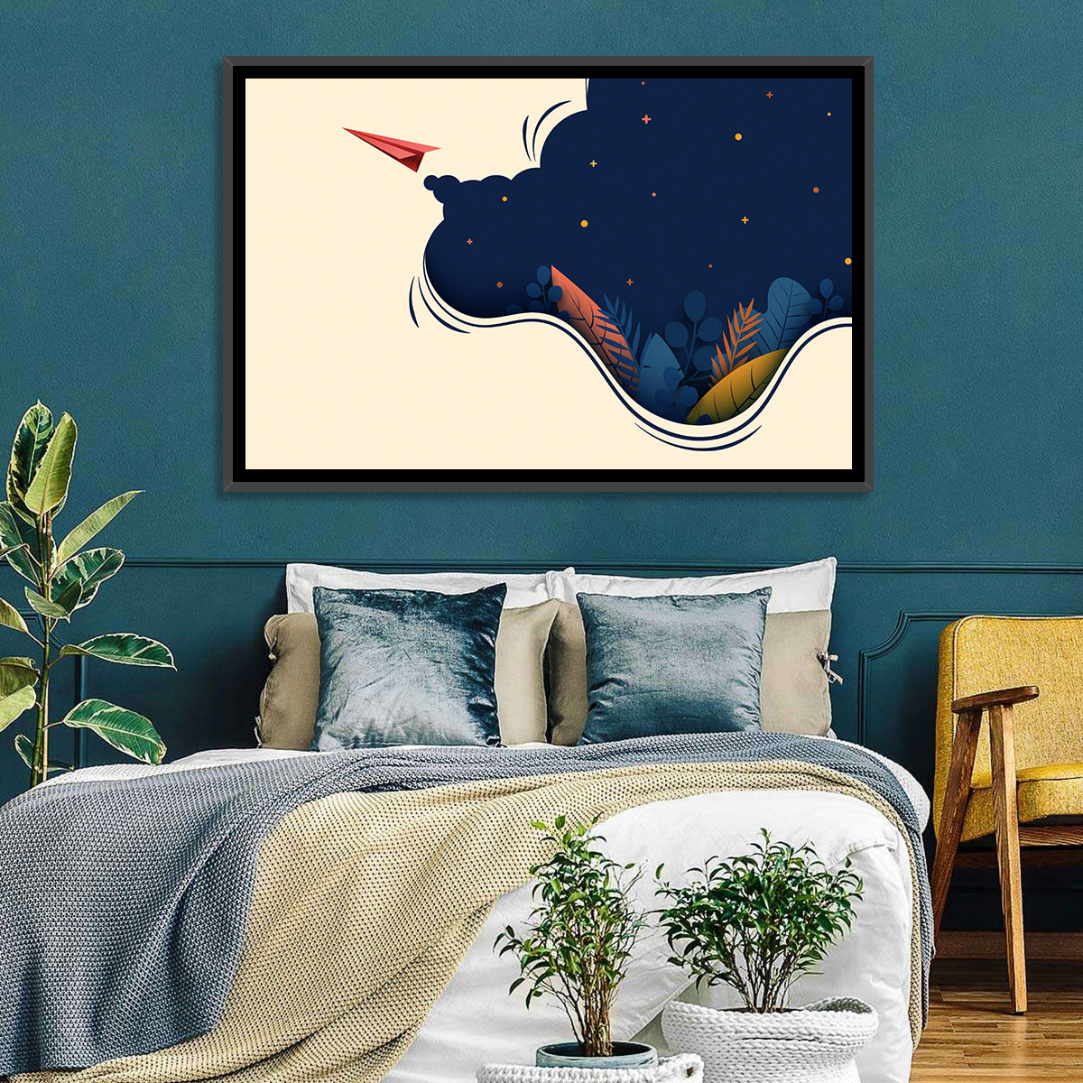 Paper Airplane in Flight Wall Art in a room, landscape