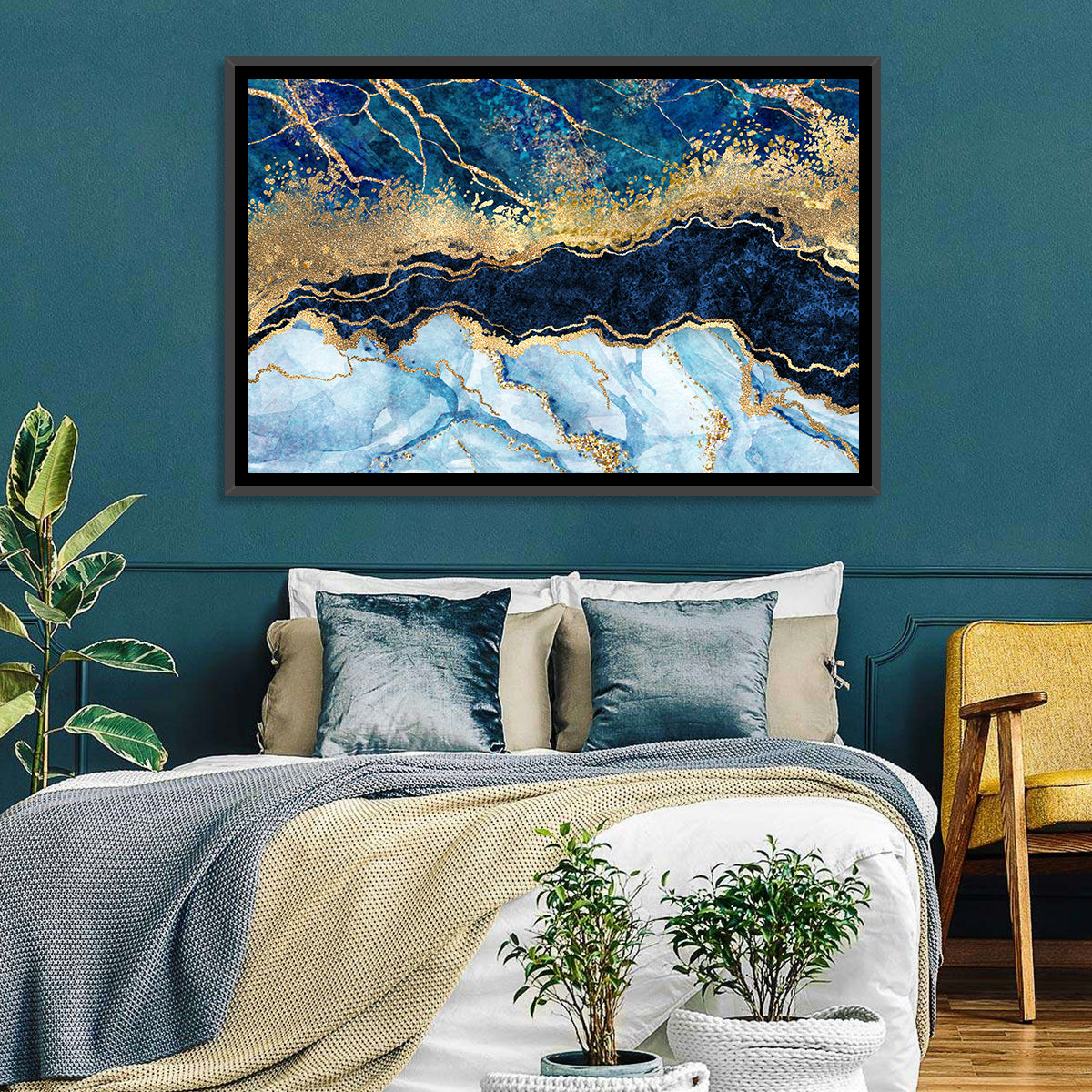 Navy Blue Marble with Gold Veins Wall Art