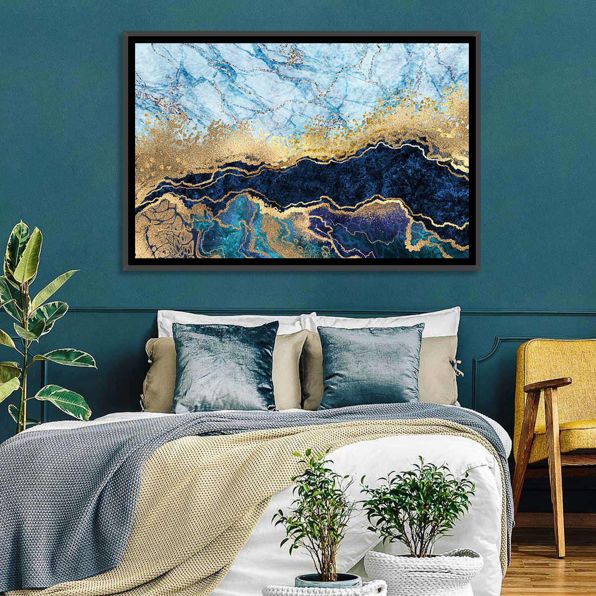 Blue Marble with Gold Veins Wall Art in a room, landscape