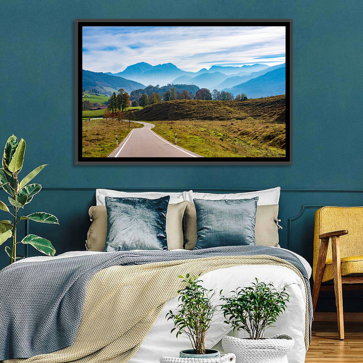 Bavarian Mountain Valley Wall Art in a room, landscape